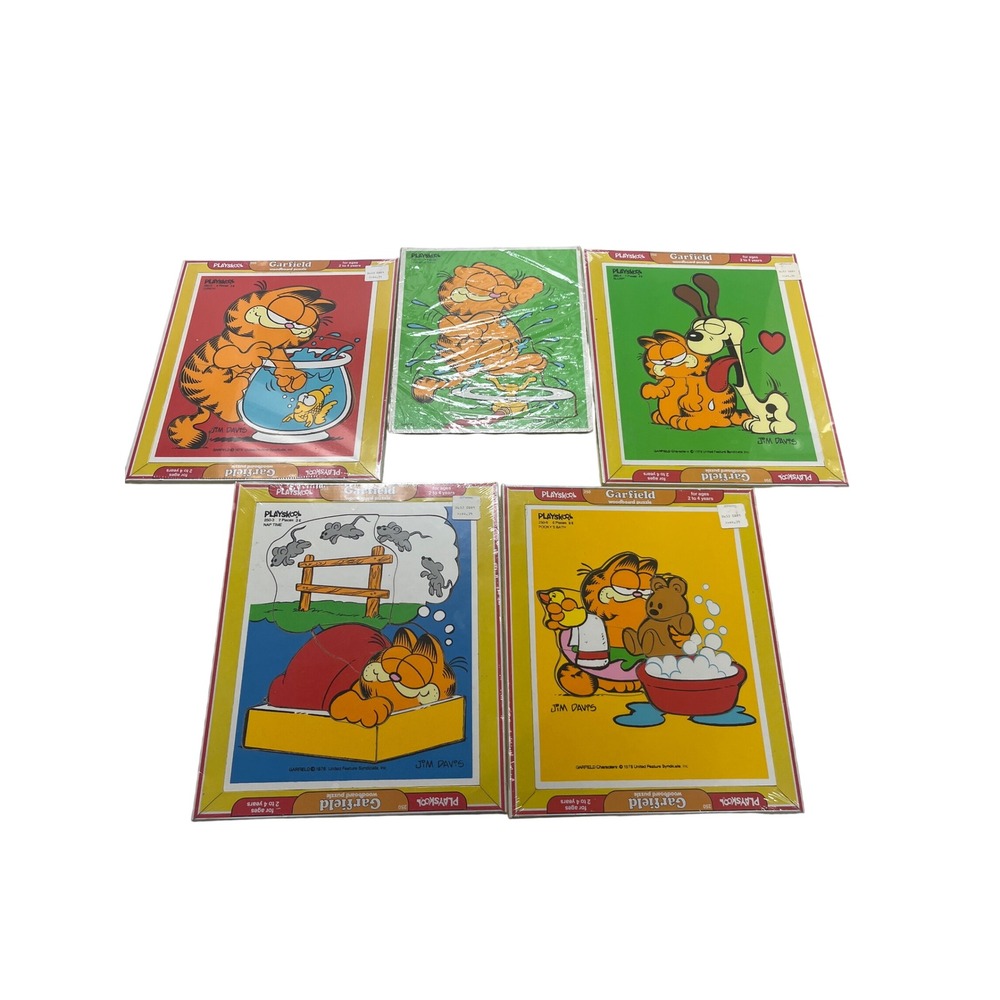 Vintage Playskool Garfield Woodboard Puzzle Lot 5 Sealed Jim Davis 1978 1982
